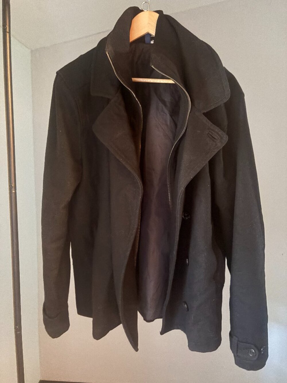 H&M Divided Black Wool Blend Double Breasted Peacoat Jacket XL